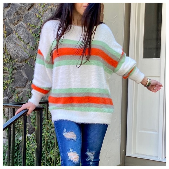 Stripe Angora feel loose fit knit sweater - Picture 1 of 5